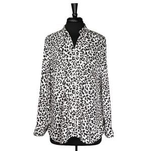 Talbots Women's Shirt Button Up Beige Black Animal Cheetah Print Blouse Top L